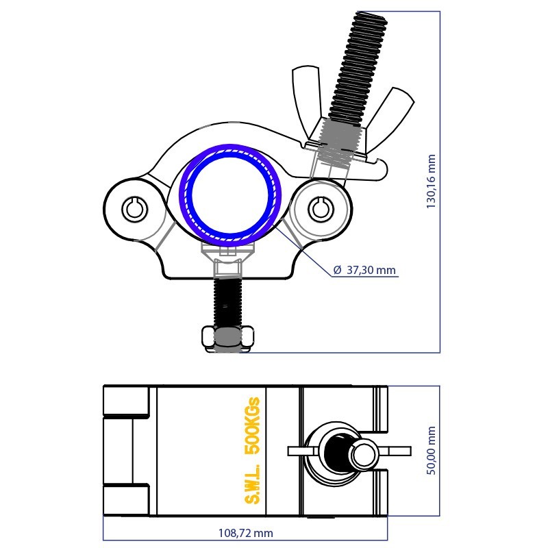 Abrazadera Triton Blue aluminio p/tubo 38-52mm hasta 500 kg